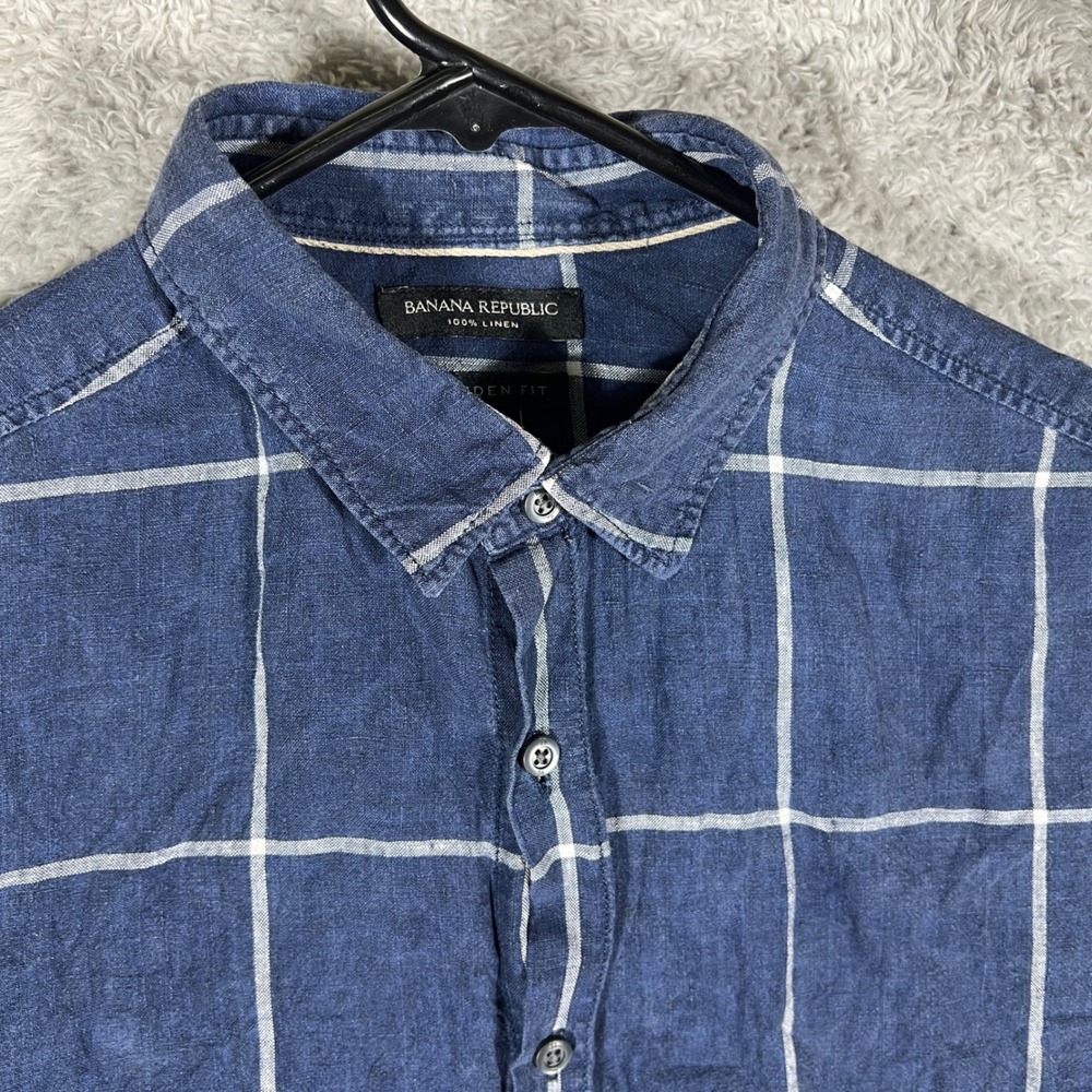 Banana Republic Mens Camden Fit 100% Linen Windowpane Plaid Button Down Shirt XL